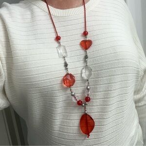 Long Red & Clear Beaded Statement Necklace – 40”